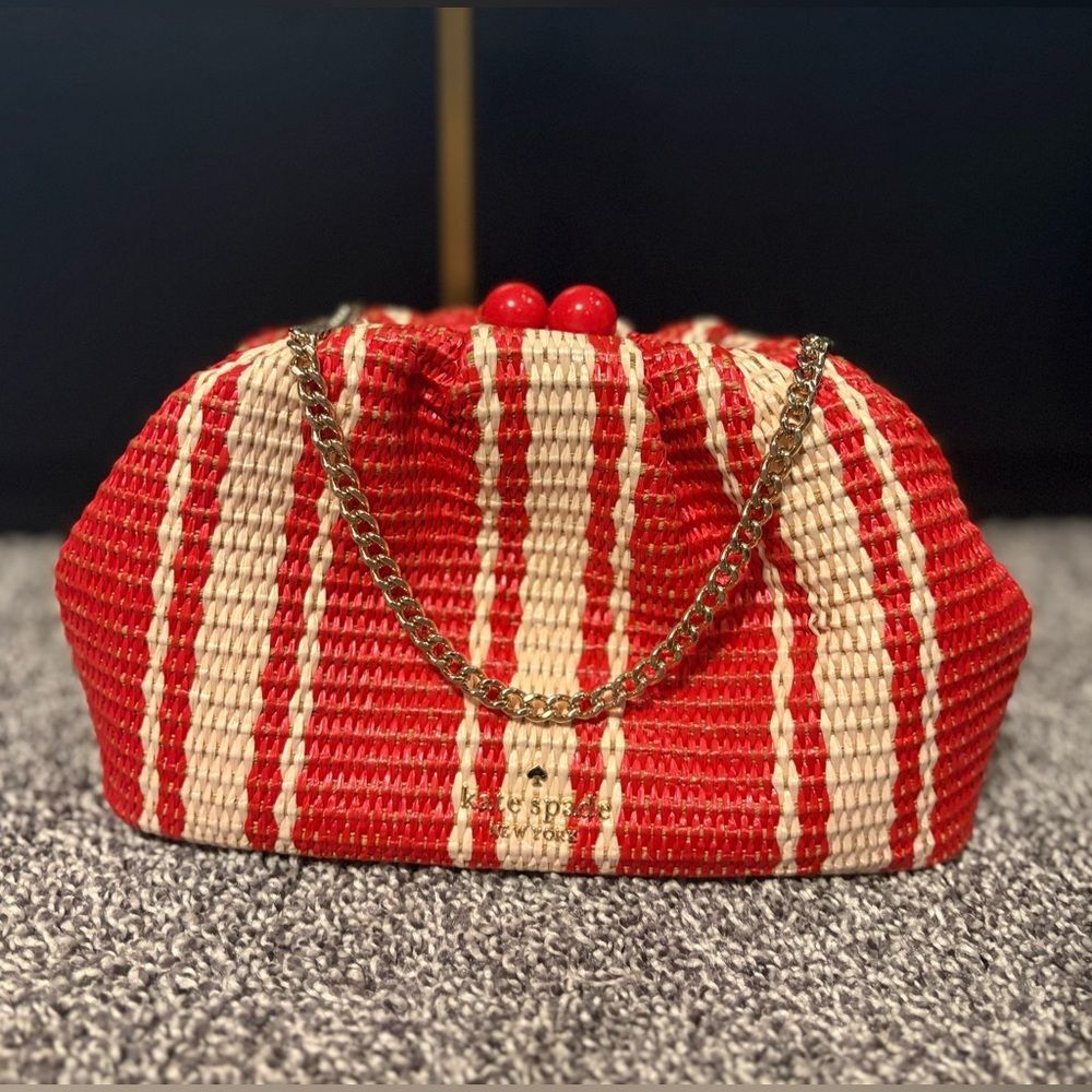 Kate Spade Red Striped Woven Straw Ruched Pouch Crossbody Clutch Chain Bag